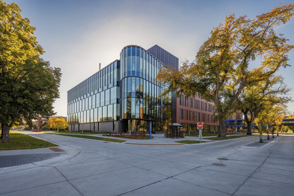 Exterior view of Sugihara Hall at dusk.