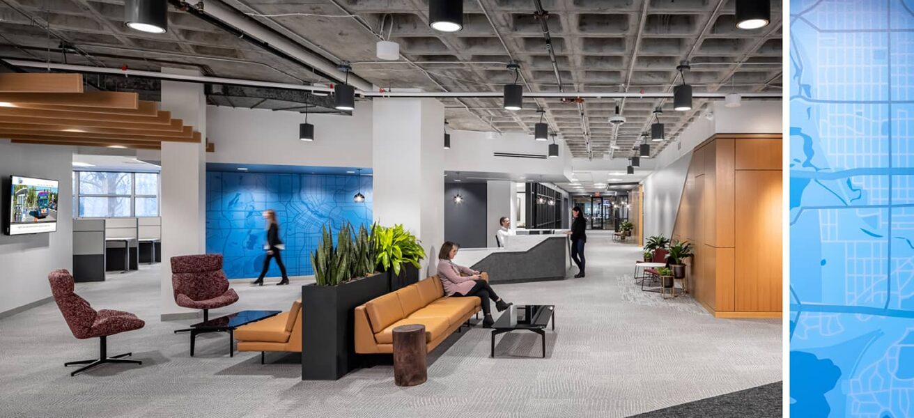 A large open lobby and reception area, with comfortable seating for guests.