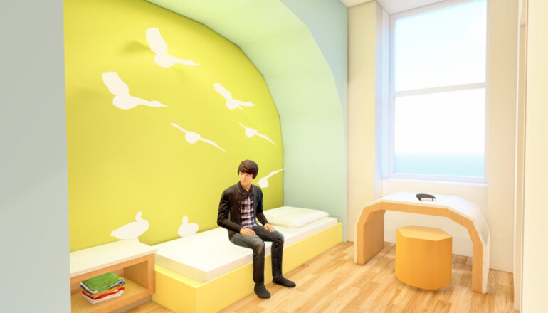 Rendering of an inpatient psychiatry room with bed, storage, desk, and wall graphics.